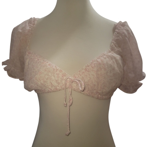 Cotton candy LA pink white sheer Floral Puff Sleeve crop top Blouse small - Picture 1 of 6